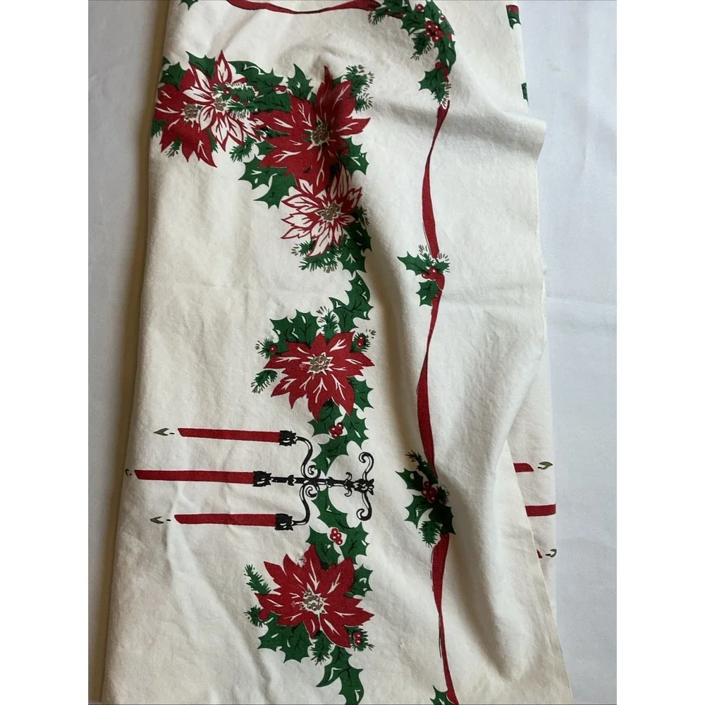 Vintage 100% Cotton Christmas Tablecloth Poinsettia Holly 62 X 48 Retro Holiday